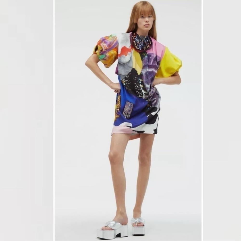 Zara Jewel Puffy Sleeve Limited Mini Dress Retro Y2K 80's 90's Barbiecore Rare*